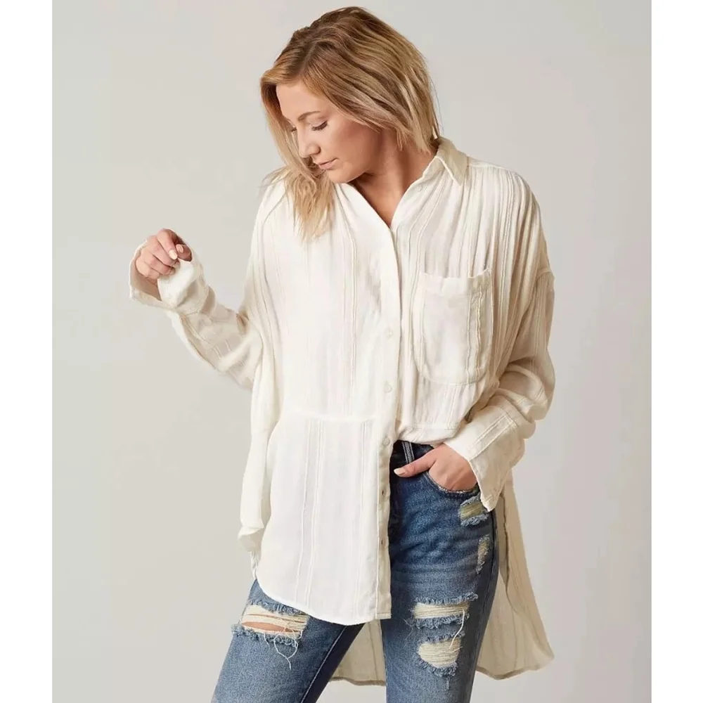 Free People Button-Down Cozy Nights Gauzy Oversized Shirt - Large